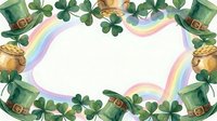 St. Patrick's Day frame with green leprechaun hats, gold coins, four-leaf clovers and rainbow border on white background for festive holiday designs.