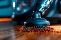 Rotating wire brush disc cleaning wooden floor surface with dramatic lighting and teal blue accents, close-up macro photography showing texture and detail.