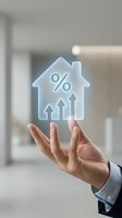 Businessman hand presenting holographic house icon with percentage symbol and growth arrows representing mortgage rates and real estate investment growth.