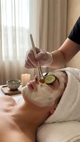 Professional spa facial treatment with cucumber slices and clay mask application by skilled aesthetician in serene wellness center environment.