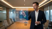 Businessman in dark suit and white shirt presenting digital interface with holographic icons on transparent screen in modern conference room with wooden table and ambient lighting.