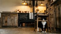 Black and white cat sitting in a rustic farmhouse kitchen with wooden cabinets, vintage stove, and warm pendant lights glowing above.