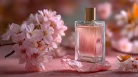 Elegant pink perfume bottle with golden cap surrounded by delicate cherry blossom flowers on soft pink surface creating luxurious beauty and fragrance concept.