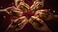 Hands holding variety of gourmet sandwiches with meat, cheese and vegetables against dark background with bokeh lights.