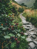 Wild blackberries growing along stone pathway in mountains, ripe and unripe berries on branches with green leaves, moody nature photography composition.