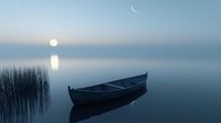 Tranquil wooden boat floating on misty lake at dawn with crescent moon and rising sun creating ethereal reflections on calm water surface near reed grass.