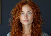 Young woman with natural red curly hair and green eyes looking directly at camera against dark background, wearing casual grey top. Soft natural lighting highlights facial features.