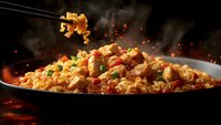 Steaming hot jambalaya with shrimp, sausage, and vegetables in cast iron pan against dark background with dramatic lighting and floating spices. Authentic cajun cuisine.
