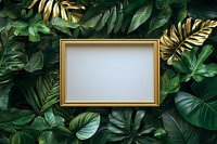 Empty gold frame surrounded by lush tropical leaves and golden monstera creating natural border on dark background. Creative layout for luxury presentation.