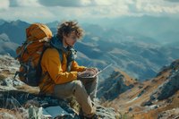 Young male traveler in yellow jacket working on laptop while sitting on mountain peak, combining digital nomad lifestyle with outdoor adventure and hiking.