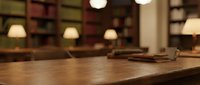 Warm wooden table surface in cozy library setting with soft lighting and blurred bookshelves background for product placement and educational content.