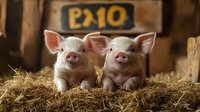 Two adorable pink piglets sitting together on golden straw in rustic barn setting with wooden crates, perfect for farm and agriculture themes.