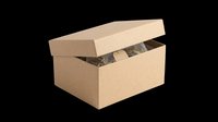 Open cardboard storage box with lid partially lifted, revealing crumpled packing paper inside. Isolated on transparent background, ready for packaging, shipping, logistics, e-commerce, and design projects.