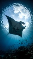 Majestic manta ray gliding through crystal clear tropical waters with sunbeams streaming from surface above coral reef in deep blue ocean marine environment.