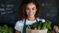 Young mixed-race woman chef holding fresh vegetables in kitchen with chalkboard menu background. Professional culinary worker with organic produce for healthy cooking.