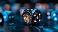 Black gaming dice with glowing golden numbers on dark background with blue reflections and bokeh lights, macro photography for tabletop gaming and entertainment design.