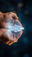 Cupped hands holding glowing digital DNA strand with sparkling particles against dark blue background for biotechnology and genetic research concepts.
