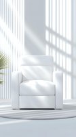 White leather armchair in minimalist interior with window shadows and palm leaf, creating clean modern aesthetic for luxury home staging and decor.