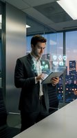Young male professional in formal business attire holding tablet with sustainability and insurance icons displayed on glass panel in modern high-rise office overlooking city skyline at dusk.