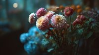 Vibrant pink and peach dahlia flowers in moody garden setting with soft bokeh background, creating atmospheric floral composition for nature photography.