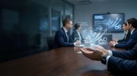Business professionals in modern conference room analyzing holographic data visualization and digital analytics during corporate meeting presentation.