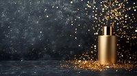 Golden luxury cosmetic bottle on dark textured background with glowing sparkles and glitter scattered around, creating premium beauty product atmosphere.
