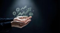 Business professional hands presenting holographic growth icons with upward arrows, gears and charts symbolizing success, innovation and strategic planning.