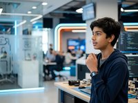 Young South Asian male professional in casual navy shirt standing in modern tech office environment, contemplating while observing collaborative workspace with glass partitions and digital displays.