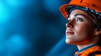 Young female construction worker in orange hard hat looking up confidently against blue bokeh background, representing women in trades and engineering fields.