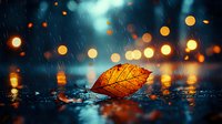 Fallen autumn leaf on wet surface during rain with golden bokeh lights creating magical atmosphere. Raindrops and reflections add dreamy mood to night scene.