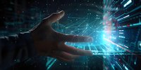 Human hand reaching toward glowing digital network connections with bright light rays and futuristic technology interface in cyberspace environment.