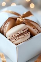 French macarons in white and bronze colors nestled in gift box with soft bokeh lights and golden ribbon, elegant festive dessert for special occasions.
