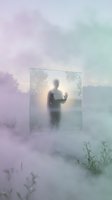 Silhouette of male figure with hand raised against glass panel in misty landscape, surrounded by fog and wild vegetation, conveying isolation and introspection for conceptual and editorial projects.