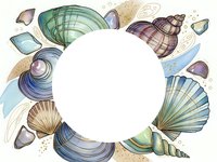 Watercolor seashells frame with white circle space for text. Marine border with colorful shells, sand textures. Ocean themed design element for summer projects.