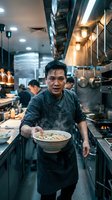 Asian male chef in denim apron presenting noodle bowl in professional kitchen. Restaurant cooking, culinary expertise, food service industry.