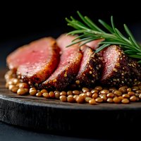 Sliced grilled beef steak with peppercorn crust and rosemary garnish on wooden cutting board for gourmet cooking and restaurant menu design.