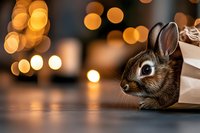 Curious baby bunny peeking out from paper bag with warm golden bokeh lights in background creating magical holiday atmosphere on wooden surface.