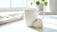White ceramic mug with love inscription beside heart-shaped sugar cookie on bright windowsill, soft morning light, cozy romantic Valentine atmosphere.