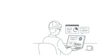Young professional man working on laptop computer analyzing business data charts and graphs in modern office workspace.