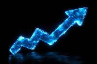 Glowing blue neon arrow chart trending upward with digital particle effect on dark background, representing business growth and financial success.