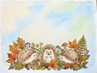 Cute hedgehog family surrounded by autumn leaves, wildflowers, and ferns in watercolor style. Perfect for children's books, nursery decor, greeting cards, and seasonal designs.