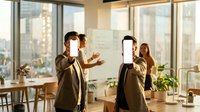 Business professionals using smartphones in modern office with city view during team meeting and collaboration session.