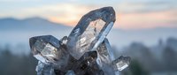 Clear quartz crystal cluster formation with natural faceted points against soft blurred mountain landscape background at golden hour sunset lighting.