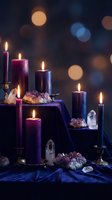 Mystical altar with purple candles, crystals and gemstones creating spiritual atmosphere with warm bokeh lights for meditation and healing rituals.