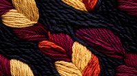 Twisted yarn threads in black, burgundy, and golden colors create intricate woven pattern. Close-up macro photography reveals detailed textile texture and fiber structure.