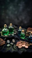 Mystical potion bottles with green and blue liquids, ancient runes, copper coins and old books on dark surface for fantasy gaming and magical storytelling.