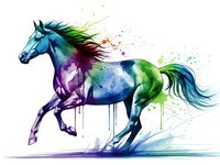 Vibrant watercolor horse galloping with rainbow splashes and paint drips on white background, artistic equine illustration for creative projects.