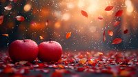 Fresh red apples on autumn ground with falling maple leaves and water drops in magical evening light with bokeh effect and sparkles creating dreamy atmosphere.