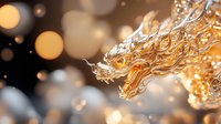 Golden dragon head with ornate Asian details against dark background with glowing bokeh lights and mystical atmosphere. Decorative oriental art concept.