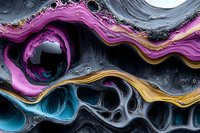 Abstract fluid art background with flowing waves in pink, gold, and turquoise colors on black surface, featuring organic marble-like patterns and swirling textures.